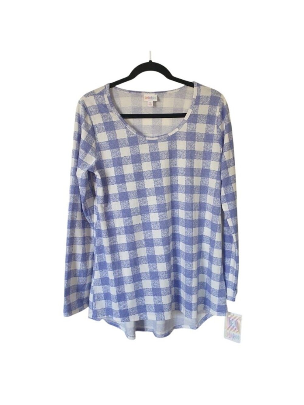 Lularoe Lynnae Womens Long Sleeve Light Blue White Checkered Top M Soft Fabric
